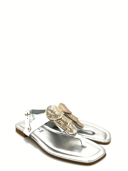 White Leather Slip-On Sandal with Metallic Accents