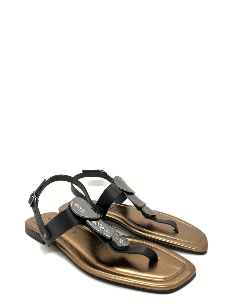 Black Leather Thong Sandal with Buckle