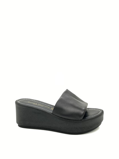 Black Platform Slide Sandal with Wedge Heel
