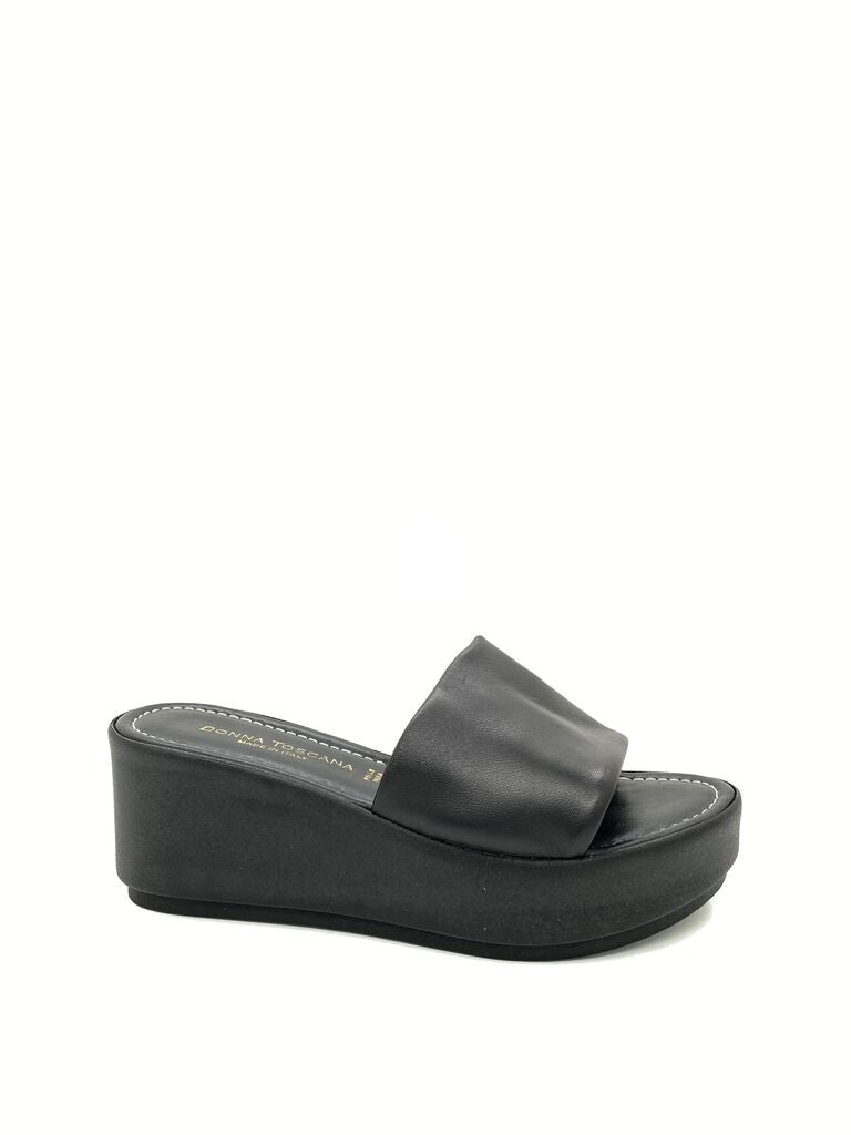 Black Platform Slide Sandal with Wedge Heel