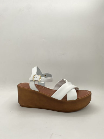White Cross-Strap Wedge Sandals with Buckle Accent