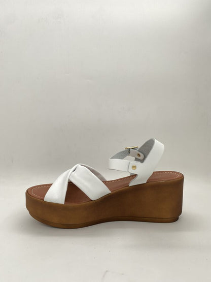 White Cross-Strap Wedge Sandals with Buckle Accent