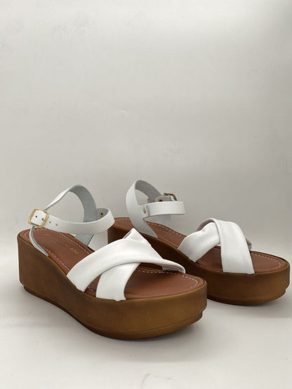 White Cross-Strap Wedge Sandals with Buckle Accent