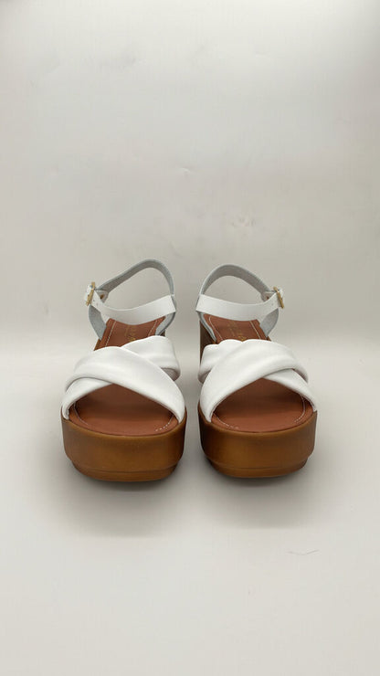 White Cross-Strap Wedge Sandals with Buckle Accent