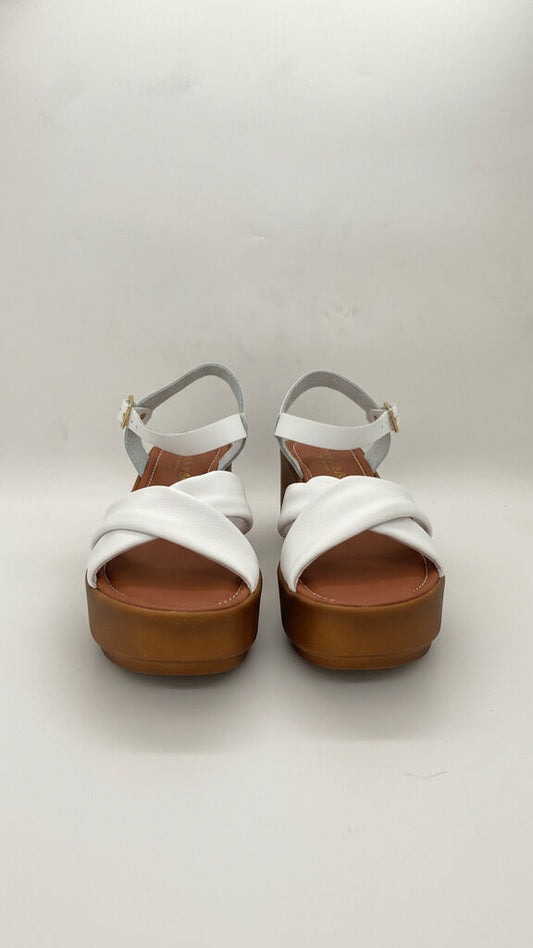 White Cross-Strap Wedge Sandals with Buckle Accent