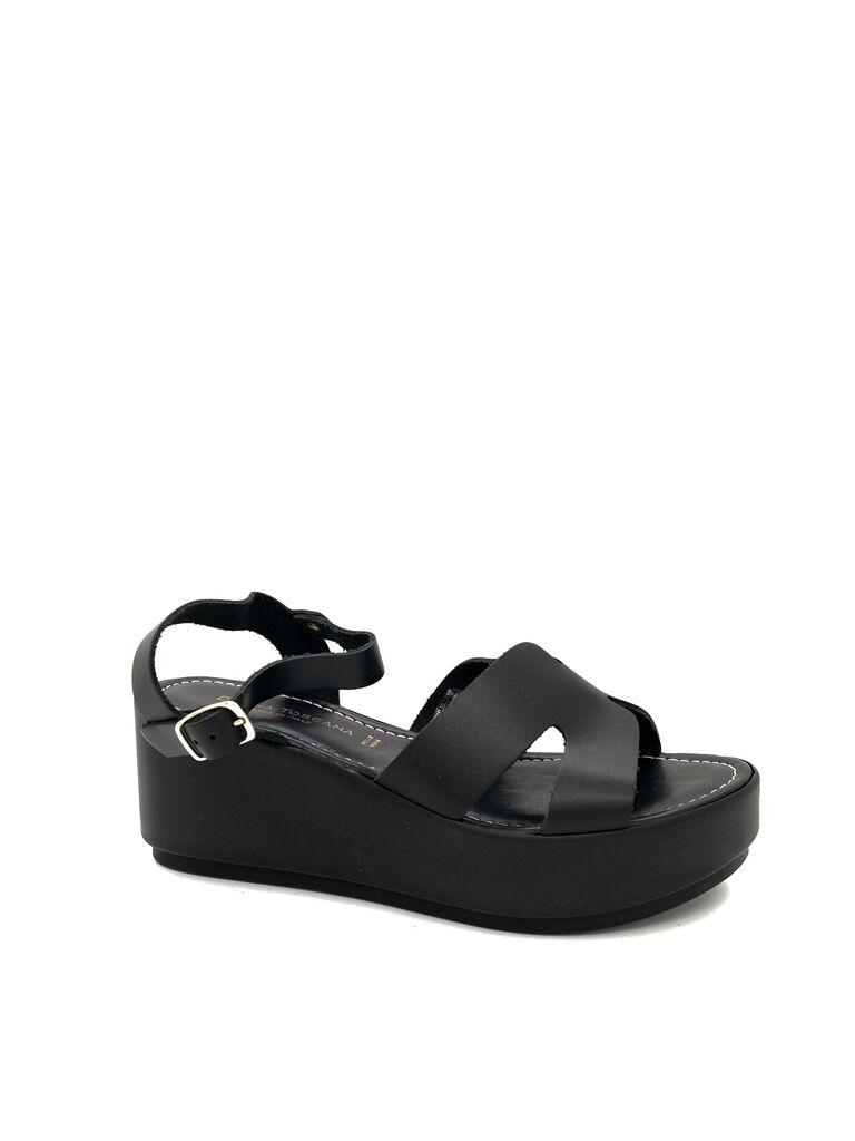 Black Strappy Wedge Sandal with Buckle