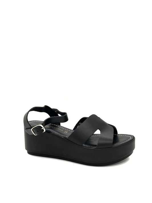 Black Strappy Wedge Sandal with Buckle