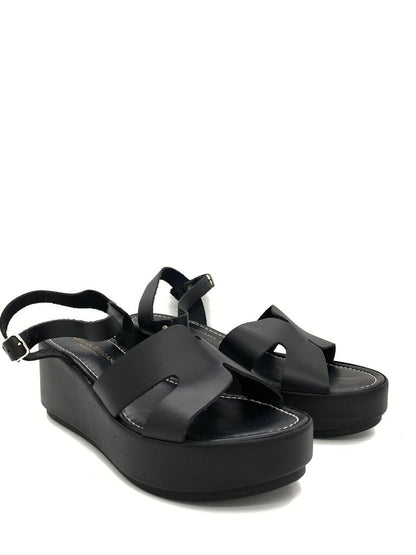 Black Strappy Wedge Sandal with Buckle