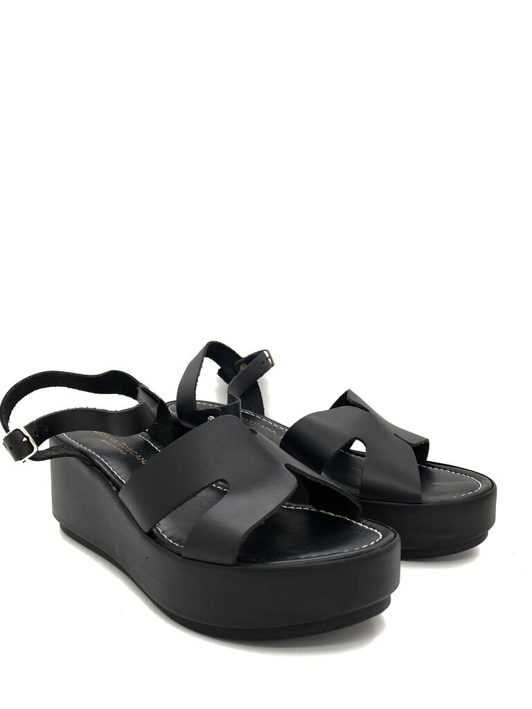 Black Strappy Wedge Sandal with Buckle