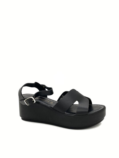 Black Strappy Wedge Sandal with Buckle