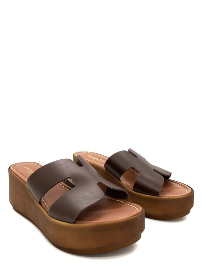 Brown Platform Slide Sandals with Crossed Straps