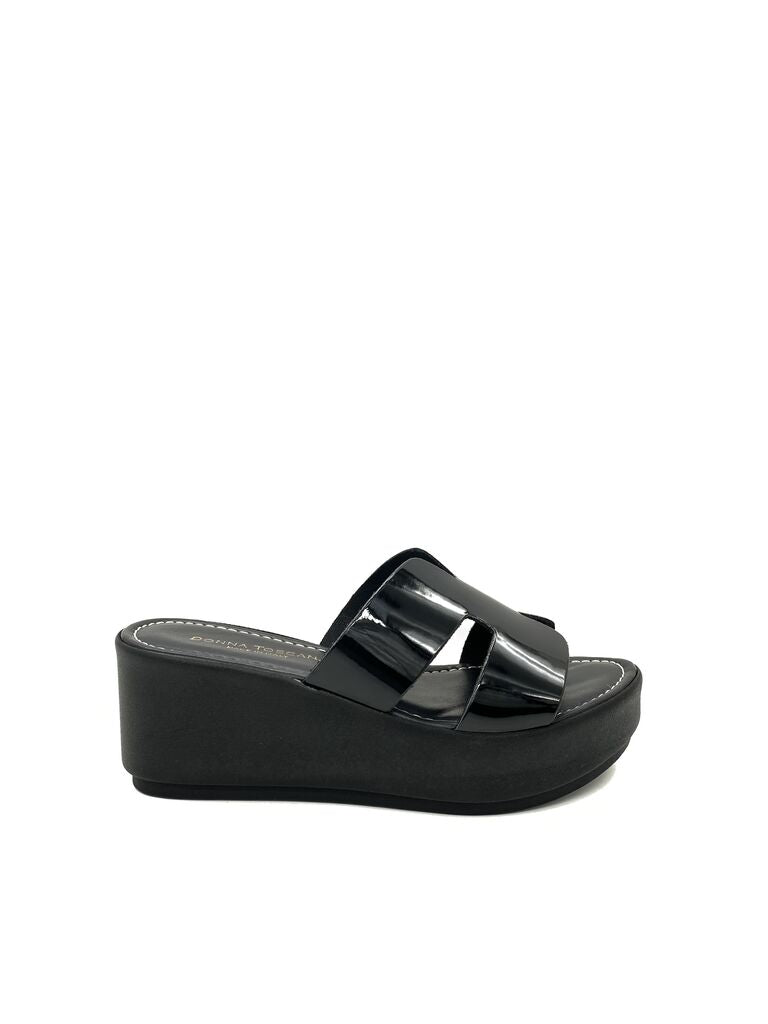Black Glossy Wedge Sandals with Open Toe