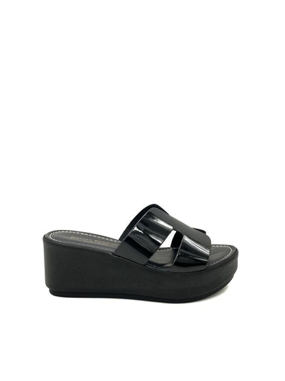 Black Glossy Wedge Sandals with Open Toe