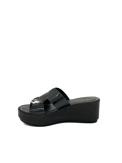 Black Glossy Wedge Sandals with Open Toe