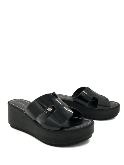 Black Glossy Wedge Sandals with Open Toe