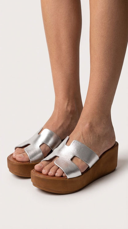 Metallic Slide Sandals with Platform Heel