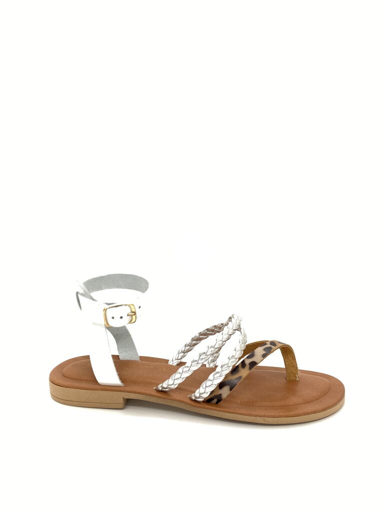 White Braided Strap Sandals with Leopard Detail