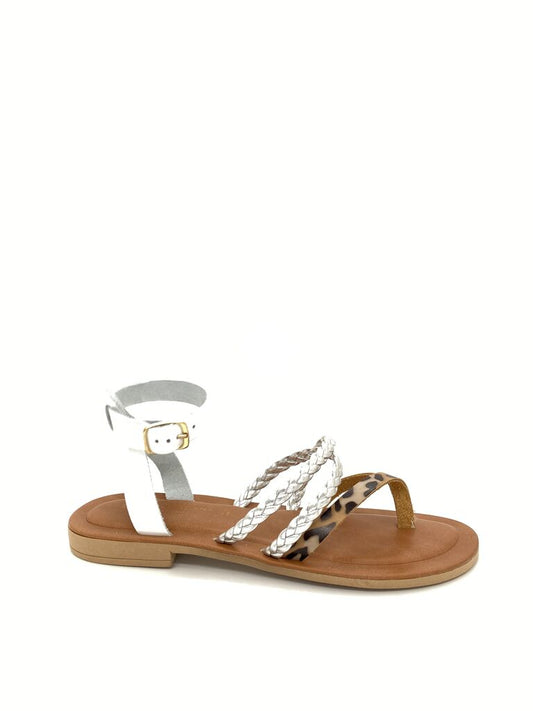 White Braided Strap Sandals with Leopard Detail
