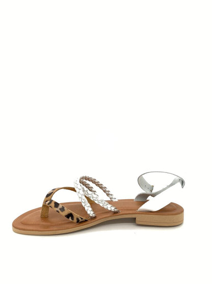 White Braided Strap Sandals with Leopard Detail
