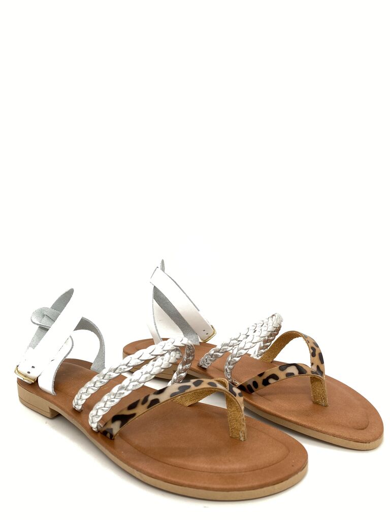 White Braided Strap Sandals with Leopard Detail