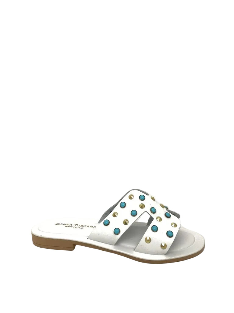 White Studded Slide Sandals with Gold and Turquoise Accents