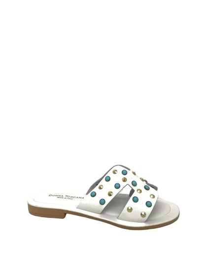 White Studded Slide Sandals with Gold and Turquoise Accents