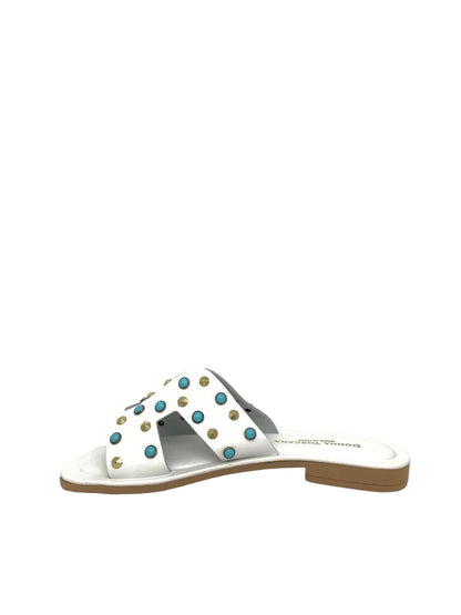White Studded Slide Sandals with Gold and Turquoise Accents