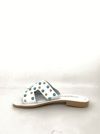 White Studded Slide Sandals with Gold and Turquoise Accents