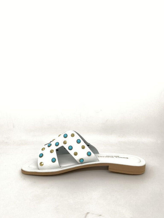 White Studded Slide Sandals with Gold and Turquoise Accents