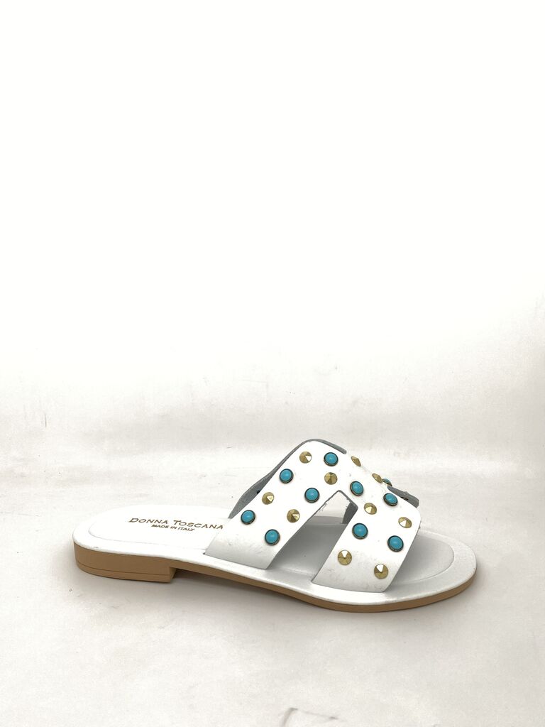 White Studded Slide Sandals with Gold and Turquoise Accents