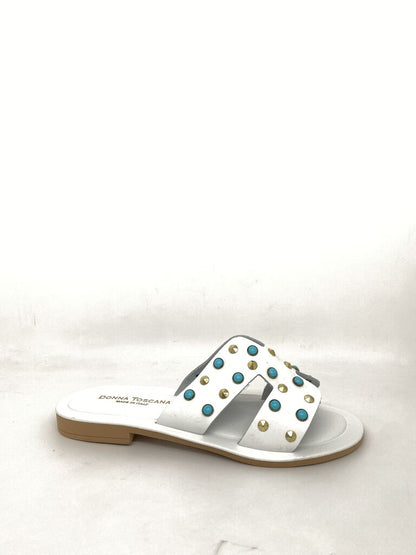 White Studded Slide Sandals with Gold and Turquoise Accents