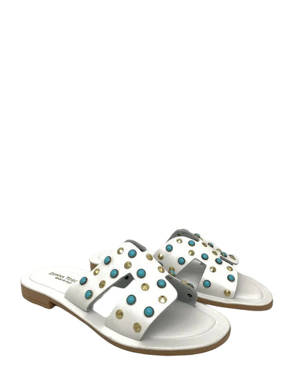 White Studded Slide Sandals with Gold and Turquoise Accents