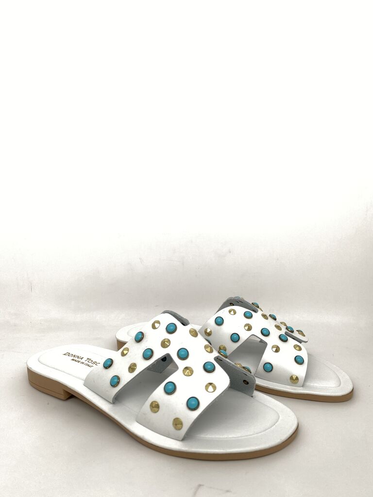 White Studded Slide Sandals with Gold and Turquoise Accents
