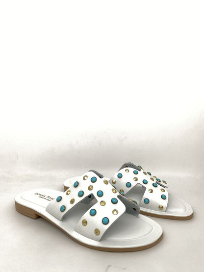 White Studded Slide Sandals with Gold and Turquoise Accents