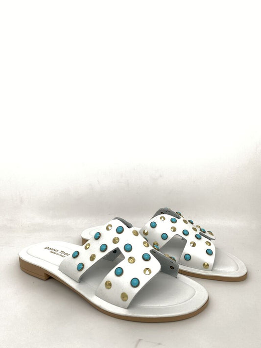 White Studded Slide Sandals with Gold and Turquoise Accents