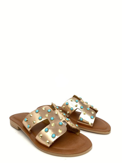 Rose Gold Studded Leather Slide Sandals