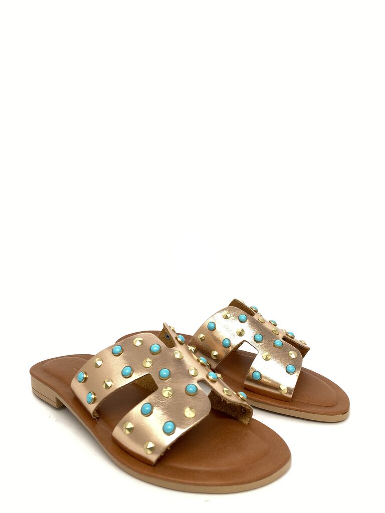 Rose Gold Studded Leather Slide Sandals