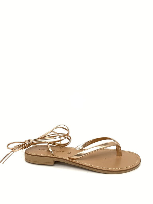 Golden Leather Flat Sandal with Ankle Tie