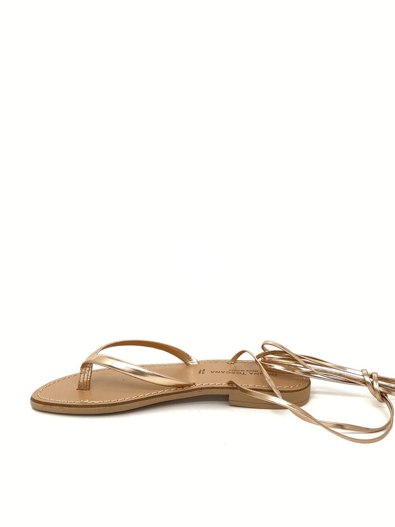 Golden Leather Flat Sandal with Ankle Tie