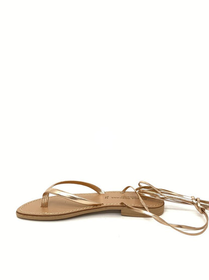 Golden Leather Flat Sandal with Ankle Tie