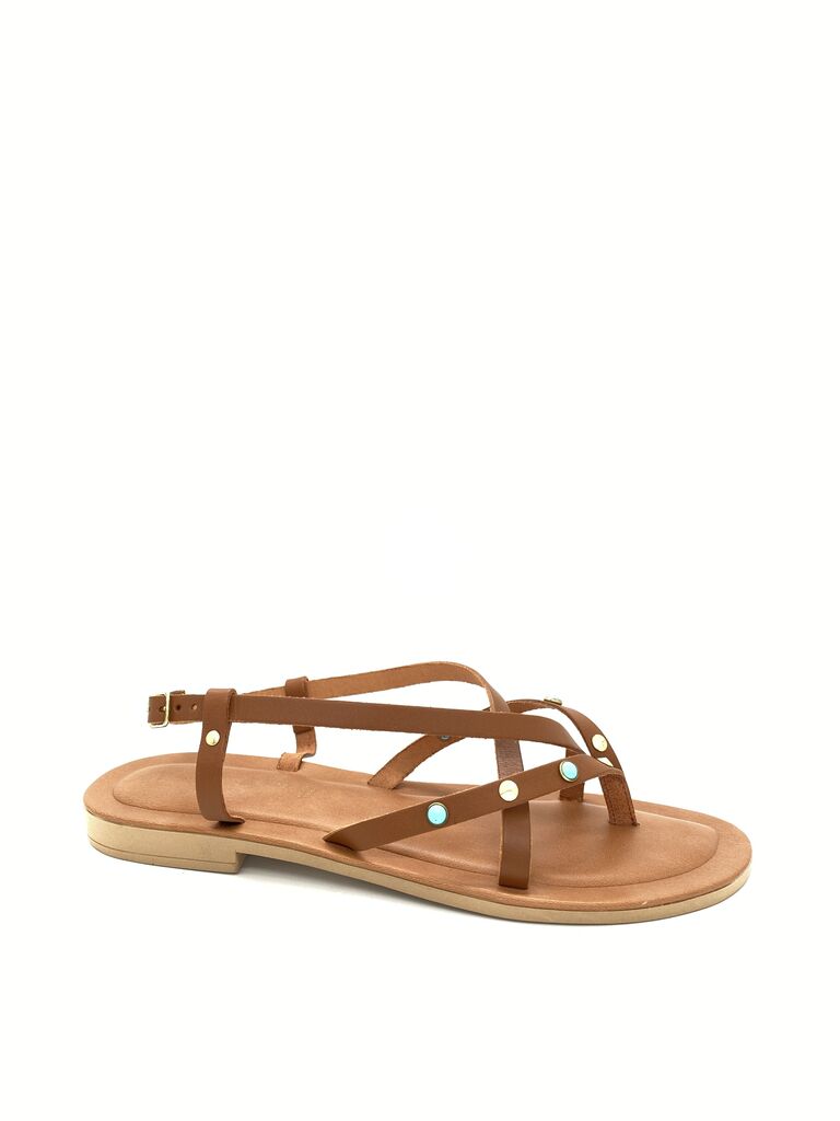 Brown Studded Leather Flat Sandals