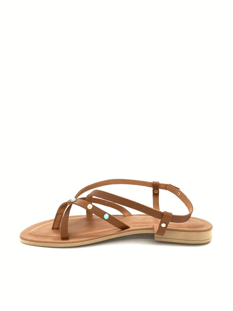 Brown Studded Leather Flat Sandals