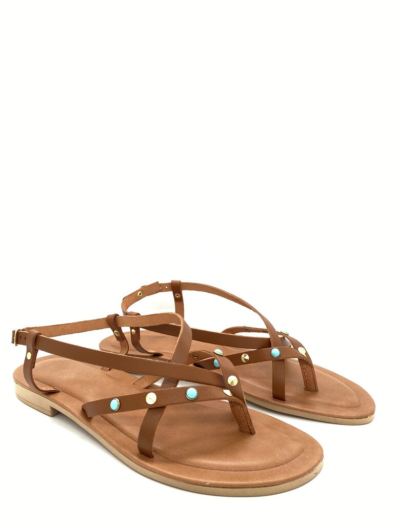 Brown Studded Leather Flat Sandals