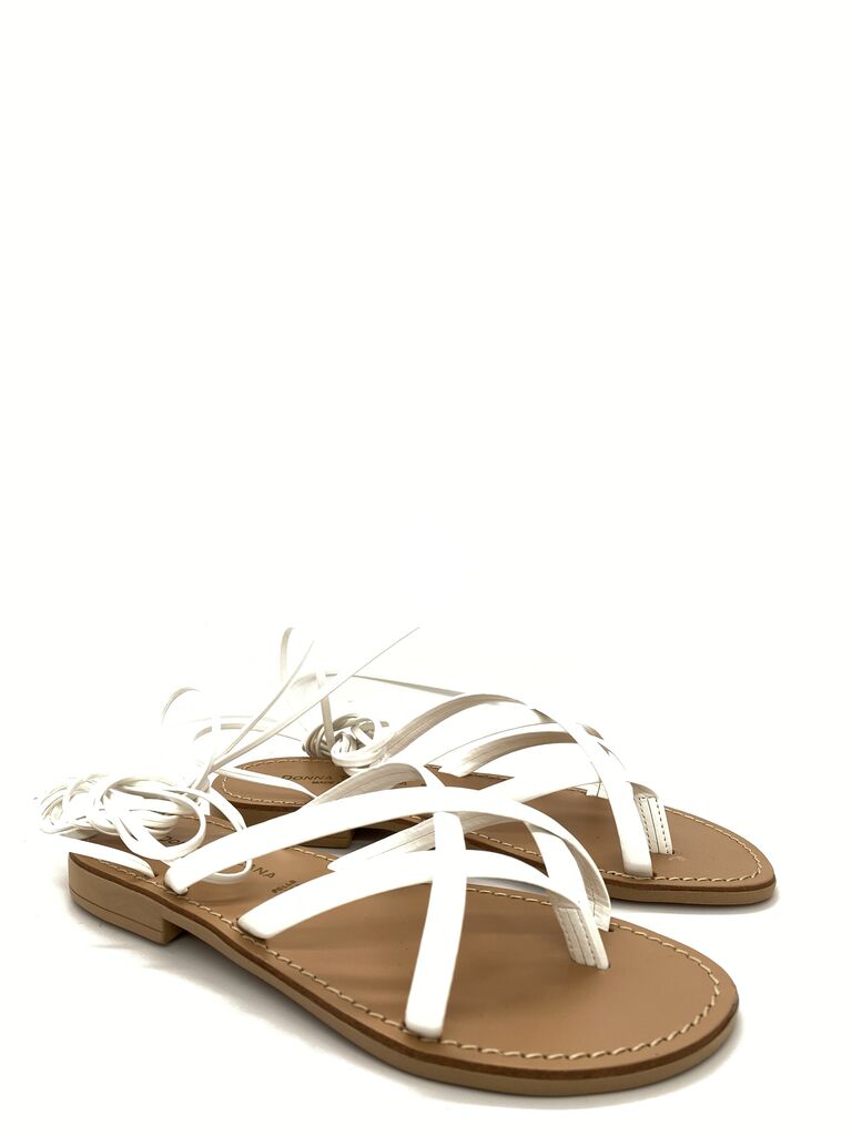 White Strappy Flat Sandals with Lace-Up Design