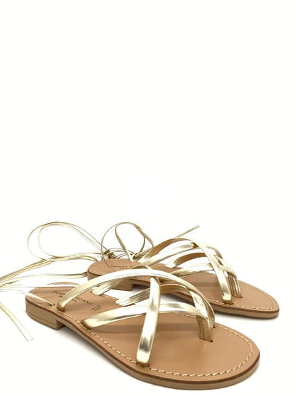 Gold Strappy Flat Sandals with Ankle Tie