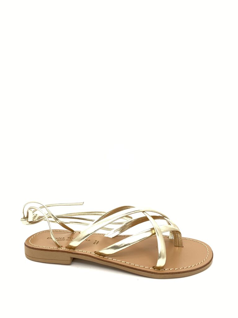 Gold Strappy Flat Sandals with Ankle Tie