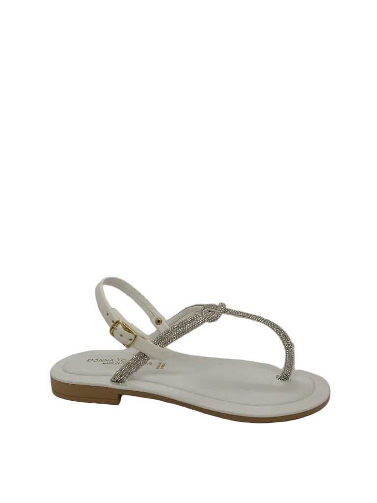 White Rhinestone Flat Sandals with Buckle