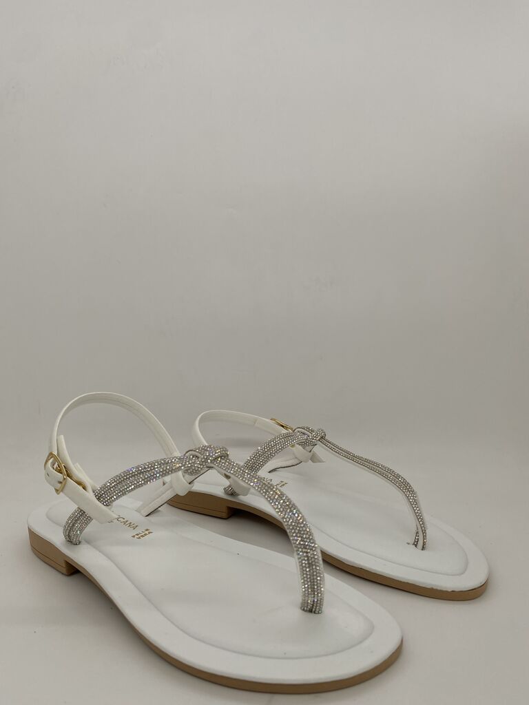 White Rhinestone Flat Sandals with Buckle