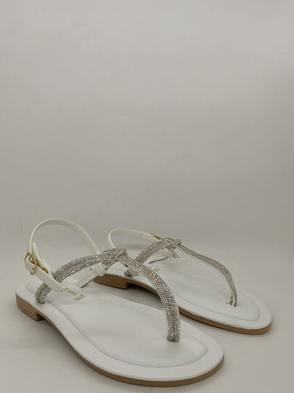 White Rhinestone Flat Sandals with Buckle