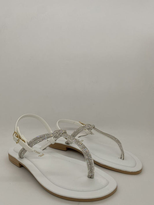 White Rhinestone Flat Sandals with Buckle